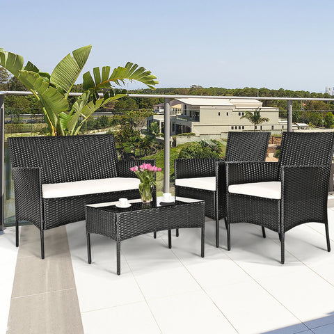4PCS Patio Rattan Conversation Set Outdoor Furniture Set With Cushion