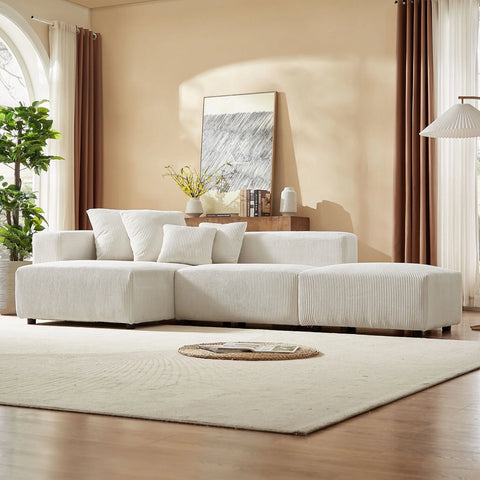 3 Pieces Set Corduroy Sectional Modular Sofa with 6 Throw Pillows, Soft L-Shaped Chaise Couch Furniture for Living Room Apartment Office, Beige