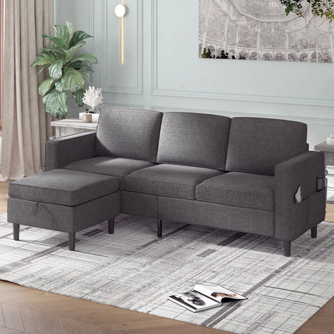 Sectional Sofa with Storage Ottoman, 78'' Convertible L-Shaped Sofa Couch for Living Room&Small Space, Dark Grey