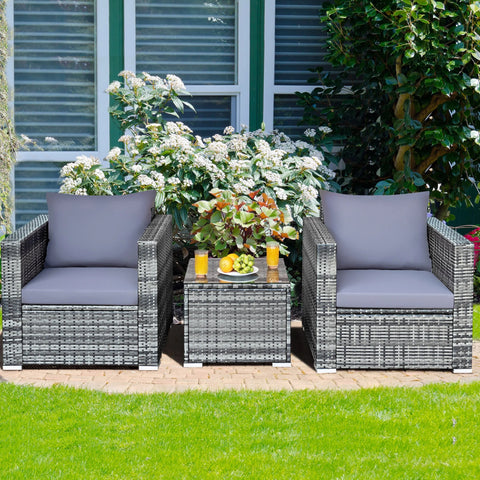 3PCS Rattan Patio Conversation Set Outdoor Furniture Set W/ Table Cushion