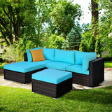 5PCS Cushioned Rattan Patio Conversation Set Outdoor Furniture Set with Ottoman