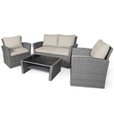 4PCS Patio Rattan Conversation Set Outdoor Furniture Set With Khaki Cushions