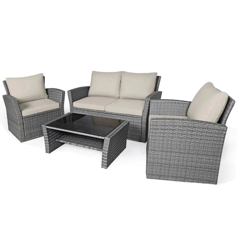 4PCS Patio Rattan Conversation Set Outdoor Furniture Set With Khaki Cushions