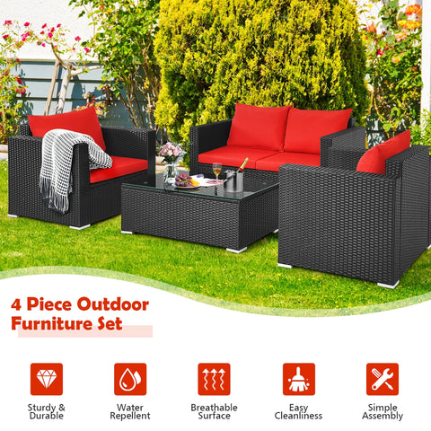 4PCS Patio Rattan Furniture Set Cushioned Sofa Chair Coffee Table Garden Red