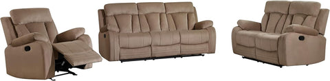 Elton 3-Piece Beige Reclining Sofa Set – Microfiber Sofa, Loveseat & Chair with Lumbar Support & Extra Padding, 6-Seater