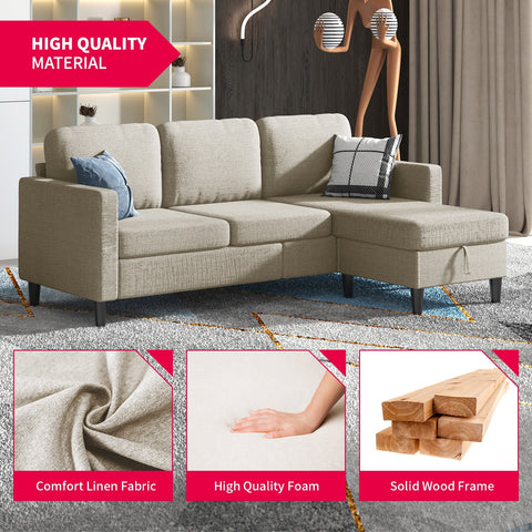 Small Space Sectional Sofa – L-Shaped with Storage Ottoman & Movable Modules, Beige Linen Living Room Couch