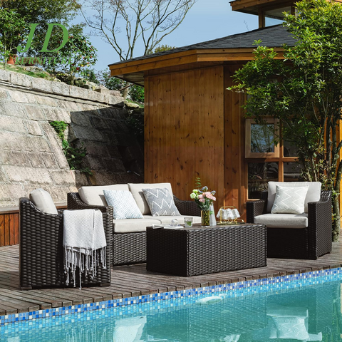 4-Piece Patio Conversation Set – Outdoor Sectional All-Weather Furniture Set, Brown/Grey