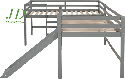 Twin Loft Bed with Slide for Kids – L-Shaped Wood Corner Bed Frame, Ladders & Guardrails, Grey