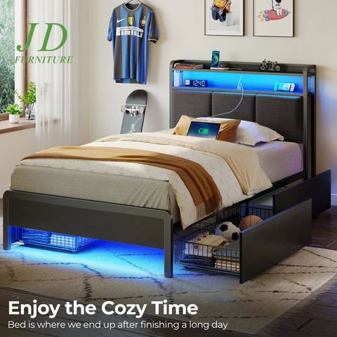 Franzi Bed with Storage Headboard – Bed Frame with 4 Drawers, Charging Station & RGB LED Lights