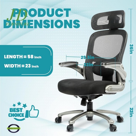 Officefactor Big and Tall Office Chair – 500 lbs Rated, High Back Ergonomic Chair with Flip-Up Arms, Adjustable Lumbar Support & Headrest, Mesh Back, Black