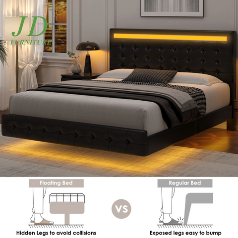 Full Size Floating LED Platform Bed Frame – Black PU Leather, Tufted Upholstered Headboard, Underbed Storage