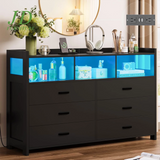 6-Drawer LED Dresser for Bedroom – Modern Black Wood Dresser with Built-In Power Outlets
