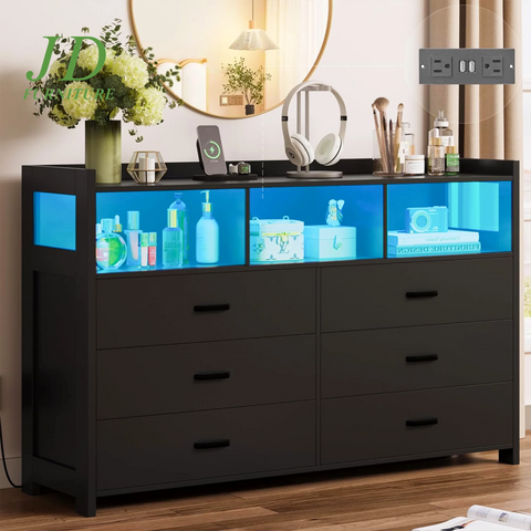 6-Drawer LED Dresser for Bedroom – Modern Black Wood Dresser with Built-In Power Outlets