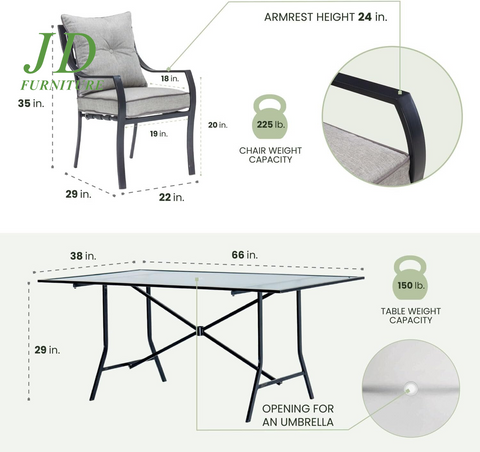 Lavallette 7-Piece Patio Dining Set – Steel Outdoor Dining Set for 6, Cushioned Chairs & Tempered Glass Rectangular Table