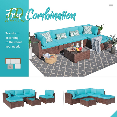 6-Piece Outdoor Patio Sectional Sofa Set Brown Wicker Furniture Set with Turquoise Seat Cushions & Tempered Glass Coffee Table