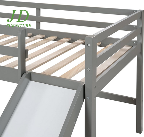 Twin Loft Bed with Slide for Kids – L-Shaped Wood Corner Bed Frame, Ladders & Guardrails, Grey