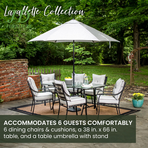 Lavallette 7-Piece Patio Dining Set – Steel Outdoor Dining Set for 6, Cushioned Chairs & Tempered Glass Rectangular Table