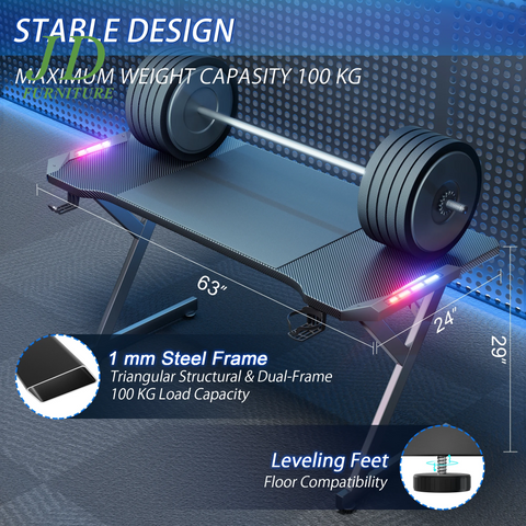63'' Gaming Desk with LED Lights – Ergonomic Large Computer Table for Adults & Teens, Black