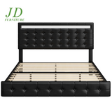 Full Size Floating LED Platform Bed Frame – Black PU Leather, Tufted Upholstered Headboard, Underbed Storage