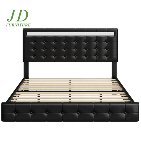 Full Size Floating LED Platform Bed Frame – Black PU Leather, Tufted Upholstered Headboard, Underbed Storage