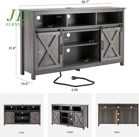 4 Layer Farmhouse Coffee Bar Cabinet with Power Outlet & LED Light, 57" Double Barn Door Buffet Sideboard Kitchen Storage with Adjustable Shelves(Grey)