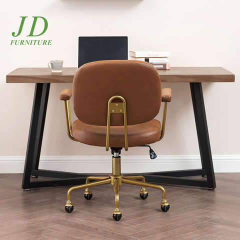Brown Leather Office Chair – Mid Century Modern Rolling Desk Chair with Gold Base, Comfortable Task Chair for Women, Executive Home Office