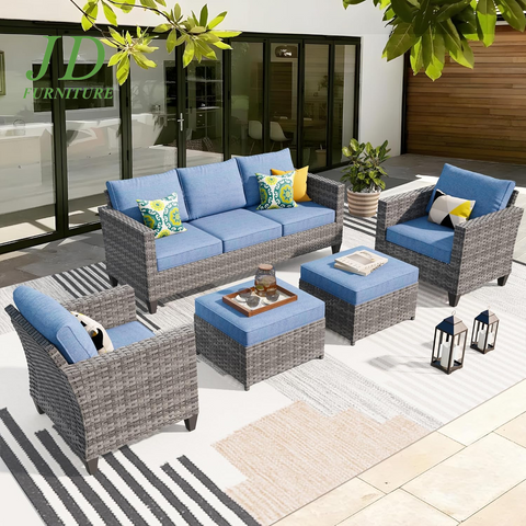 5-Piece Patio Furniture Set – Outdoor Wicker Rattan Sofa with Chairs, Ottomans & Comfy Cushions, All-Weather High Back Conversation Set for Garden & Backyard, Denim Blue
