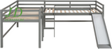 Twin Loft Bed with Slide for Kids – L-Shaped Wood Corner Bed Frame, Ladders & Guardrails, Grey