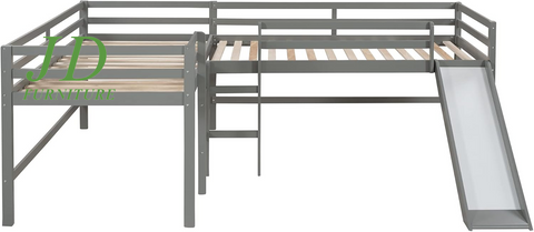 Twin Loft Bed with Slide for Kids – L-Shaped Wood Corner Bed Frame, Ladders & Guardrails, Grey