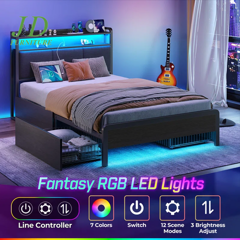 Franzi Bed with Storage Headboard – Bed Frame with 4 Drawers, Charging Station & RGB LED Lights