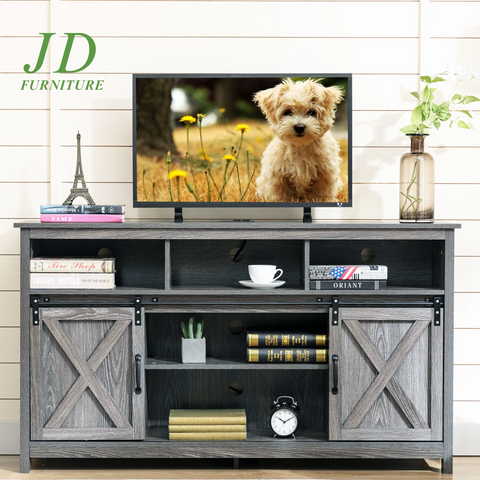 4 Layer Farmhouse Coffee Bar Cabinet with Power Outlet & LED Light, 57" Double Barn Door Buffet Sideboard Kitchen Storage with Adjustable Shelves(Grey)