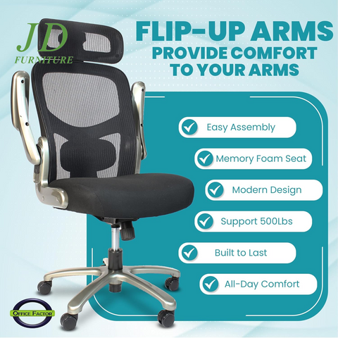 Officefactor Big and Tall Office Chair – 500 lbs Rated, High Back Ergonomic Chair with Flip-Up Arms, Adjustable Lumbar Support & Headrest, Mesh Back, Black