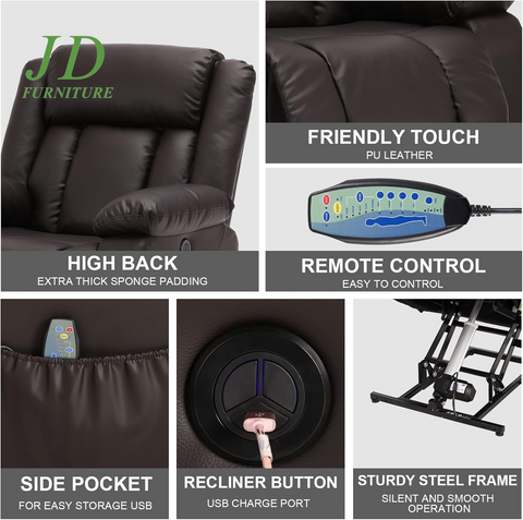 Power Lift Recliner Chair for Elderly – Electric Massage & Heat, PU Leather, Brown