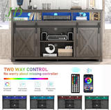 4 Layer Farmhouse Coffee Bar Cabinet with Power Outlet & LED Light, 57" Double Barn Door Buffet Sideboard Kitchen Storage with Adjustable Shelves(Grey)