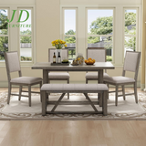 6-Piece Retro Dining Table Set – Rectangular Table with Trestle Base, 4 Upholstered Chairs & 1 Bench, Gray for Dining Room/Kitchen