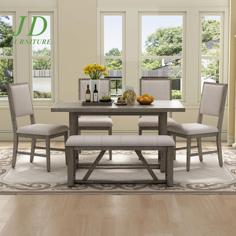 6-Piece Retro Dining Table Set – Rectangular Table with Trestle Base, 4 Upholstered Chairs & 1 Bench, Gray for Dining Room/Kitchen