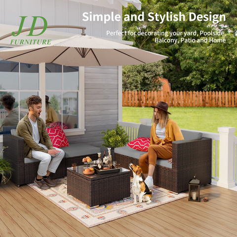 5-Piece PE Rattan Patio Furniture Set, Outdoor Sectional Sofa with Cushion, Gray