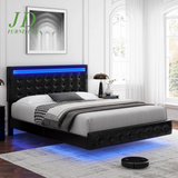 Full Size Floating LED Platform Bed Frame – Black PU Leather, Tufted Upholstered Headboard, Underbed Storage