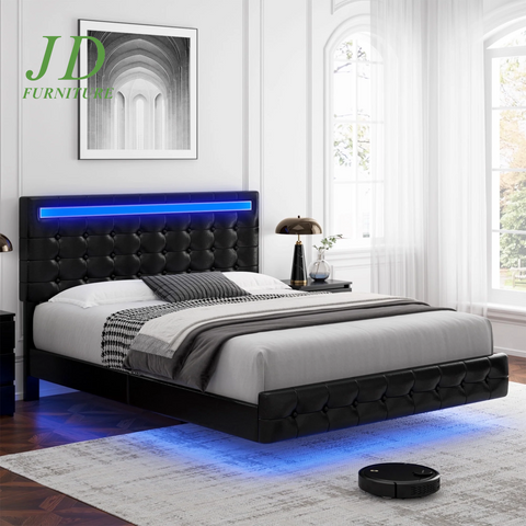Full Size Floating LED Platform Bed Frame – Black PU Leather, Tufted Upholstered Headboard, Underbed Storage