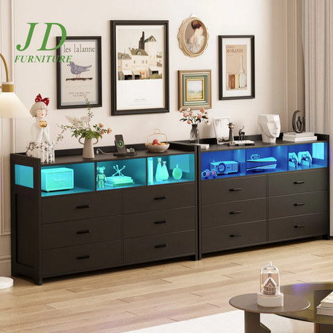 6-Drawer LED Dresser for Bedroom – Modern Black Wood Dresser with Built-In Power Outlets