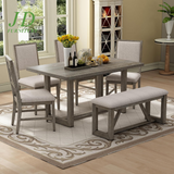 6-Piece Retro Dining Table Set – Rectangular Table with Trestle Base, 4 Upholstered Chairs & 1 Bench, Gray for Dining Room/Kitchen