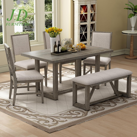 6-Piece Retro Dining Table Set – Rectangular Table with Trestle Base, 4 Upholstered Chairs & 1 Bench, Gray for Dining Room/Kitchen