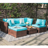 6-Piece Outdoor Patio Sectional Sofa Set Brown Wicker Furniture Set with Turquoise Seat Cushions & Tempered Glass Coffee Table