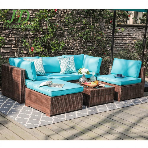 6-Piece Outdoor Patio Sectional Sofa Set Brown Wicker Furniture Set with Turquoise Seat Cushions & Tempered Glass Coffee Table