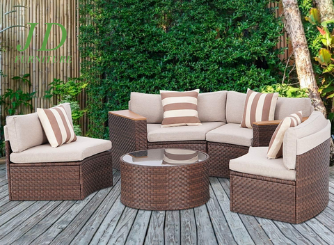 5-Piece Patio Sectional Furniture Set – Half-Moon Brown Wicker Curved Outdoor Sofa with Beige Cushions & Glass Coffee Table, Beige