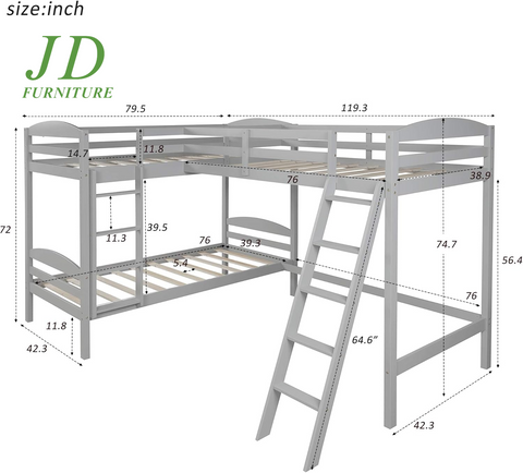 Twin Loft Bed for Kids, Wood Loft Bed L-Shaped Corner Bunk Bed Frame 3 Bed Bunk Loft Bed with Full Guardrails and Flat Ladder (Grey)