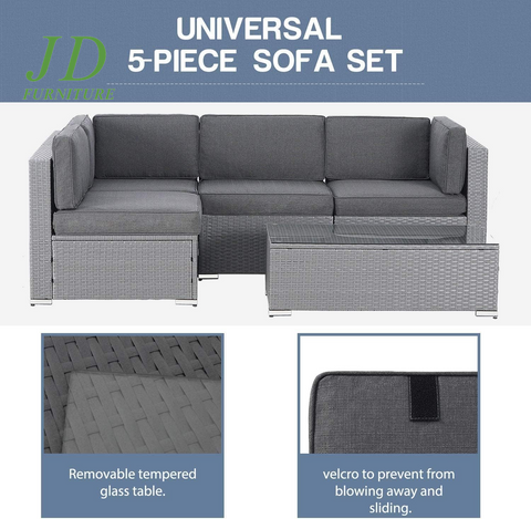 5-Piece Outdoor Patio Furniture, Grey Wicker Furniture Modular Patio Sectional Sofas Outdoor Conversation Set for Garden, Balcony, Deck, Lawns, Porch - Gray