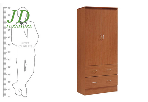 2 Door Armoire with 2 Drawers and Clothing Rod in Cherry Wood