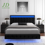 Full Size Floating LED Platform Bed Frame – Black PU Leather, Tufted Upholstered Headboard, Underbed Storage