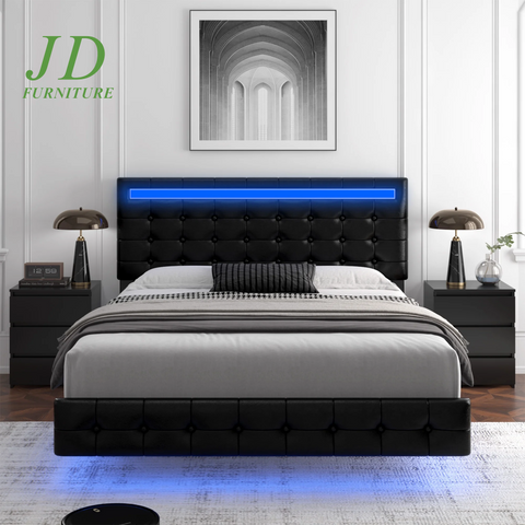 Full Size Floating LED Platform Bed Frame – Black PU Leather, Tufted Upholstered Headboard, Underbed Storage
